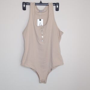 ReoRia Beige Henley Snap-Front Tank Bodysuit